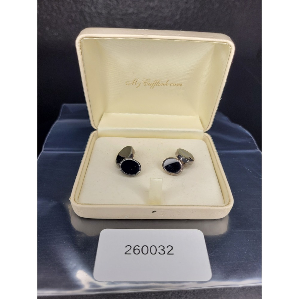 MyCufflink.com Cufflinks Silver Tone Black Oval Swivel Back With Box Excellent